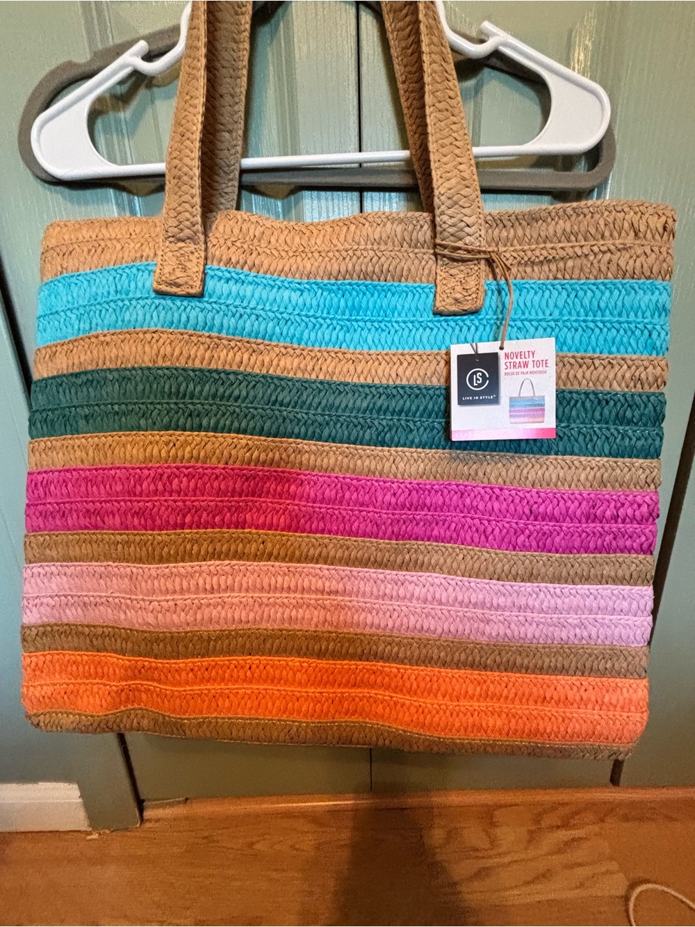 Striped Multicolor Straw Tote Bag - Pink, Turquoise, Orange